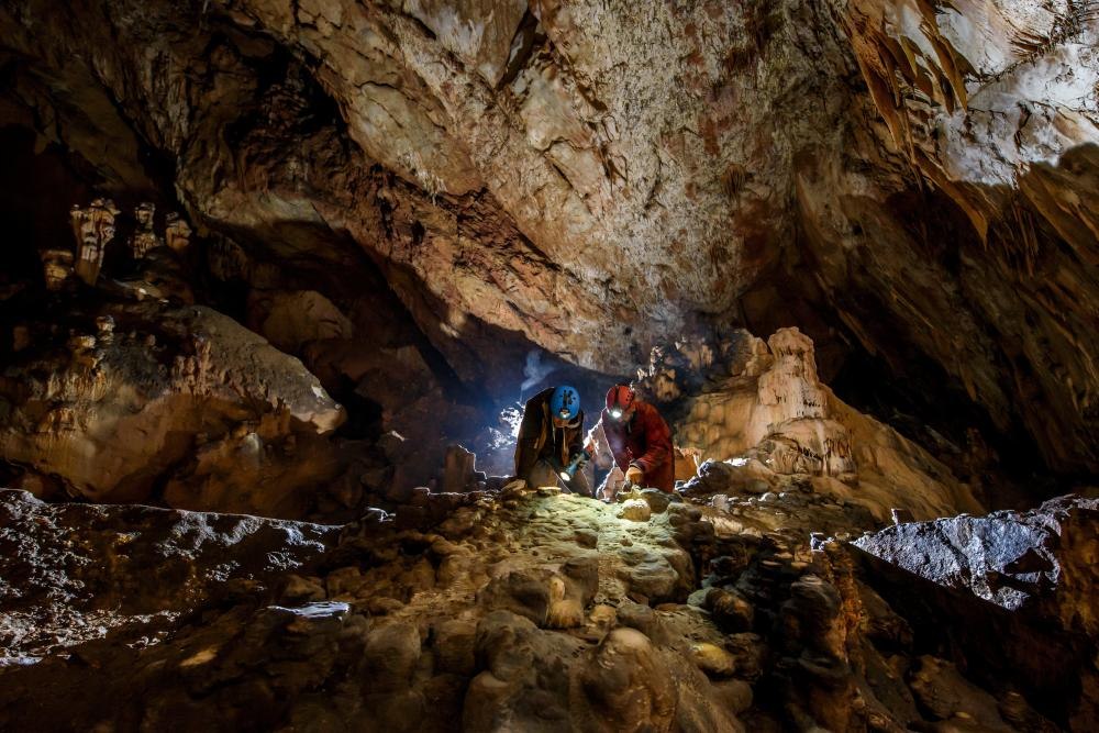 A guided group moving together through a large cave