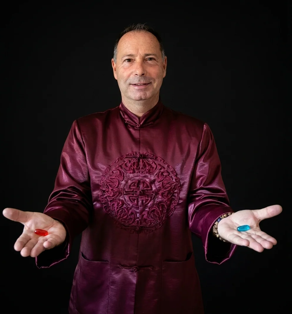 Tarr Bence László holding a red and a blue capsule in his open hands