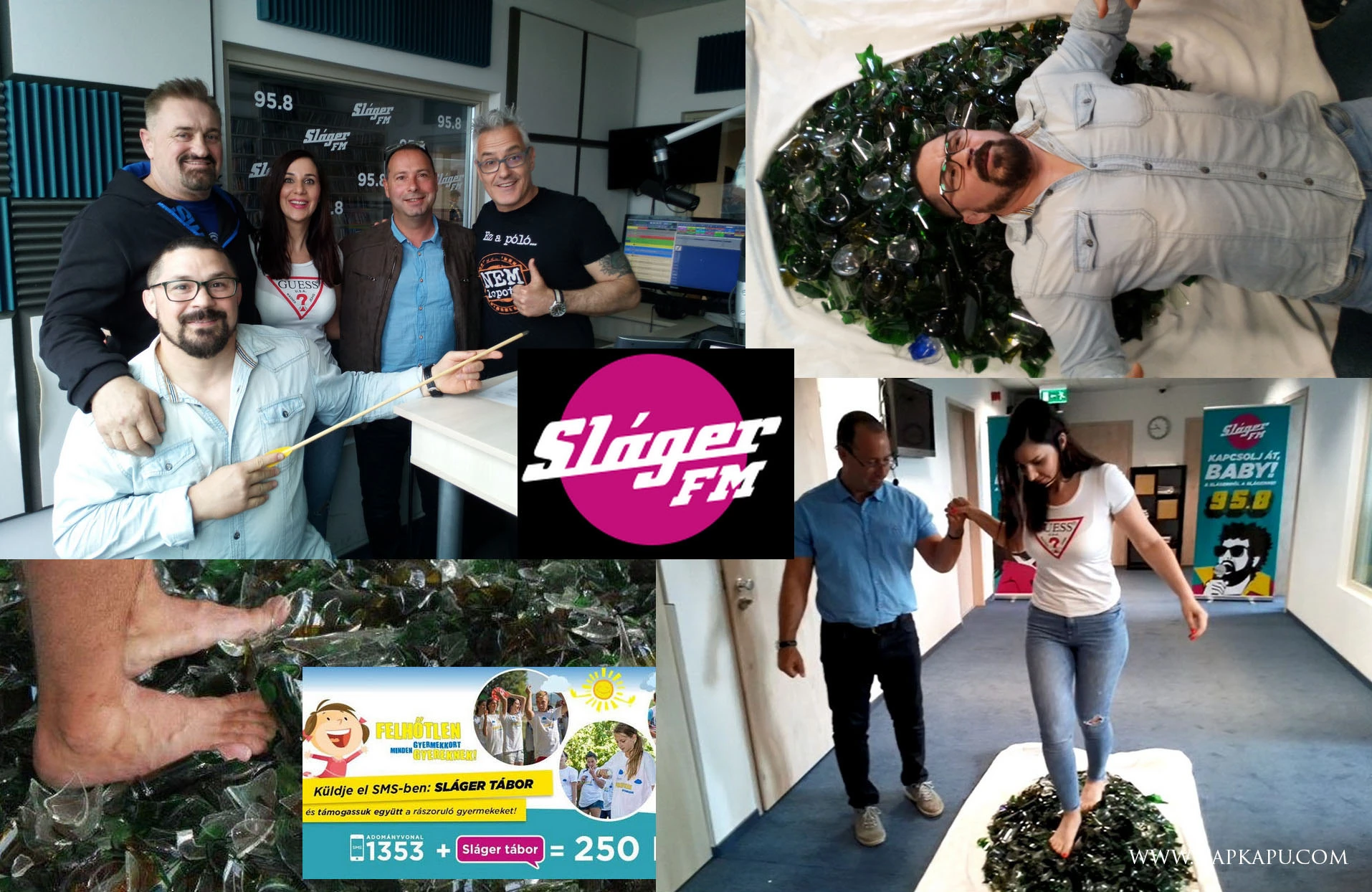 Sláger FM presenters and guests taking part in a charity glasswalking broadcast