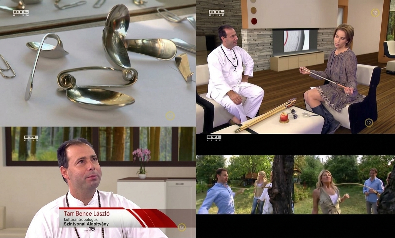 RTL Klub television scenes showing Bence László Tarr, spoon bending and arrow breaking