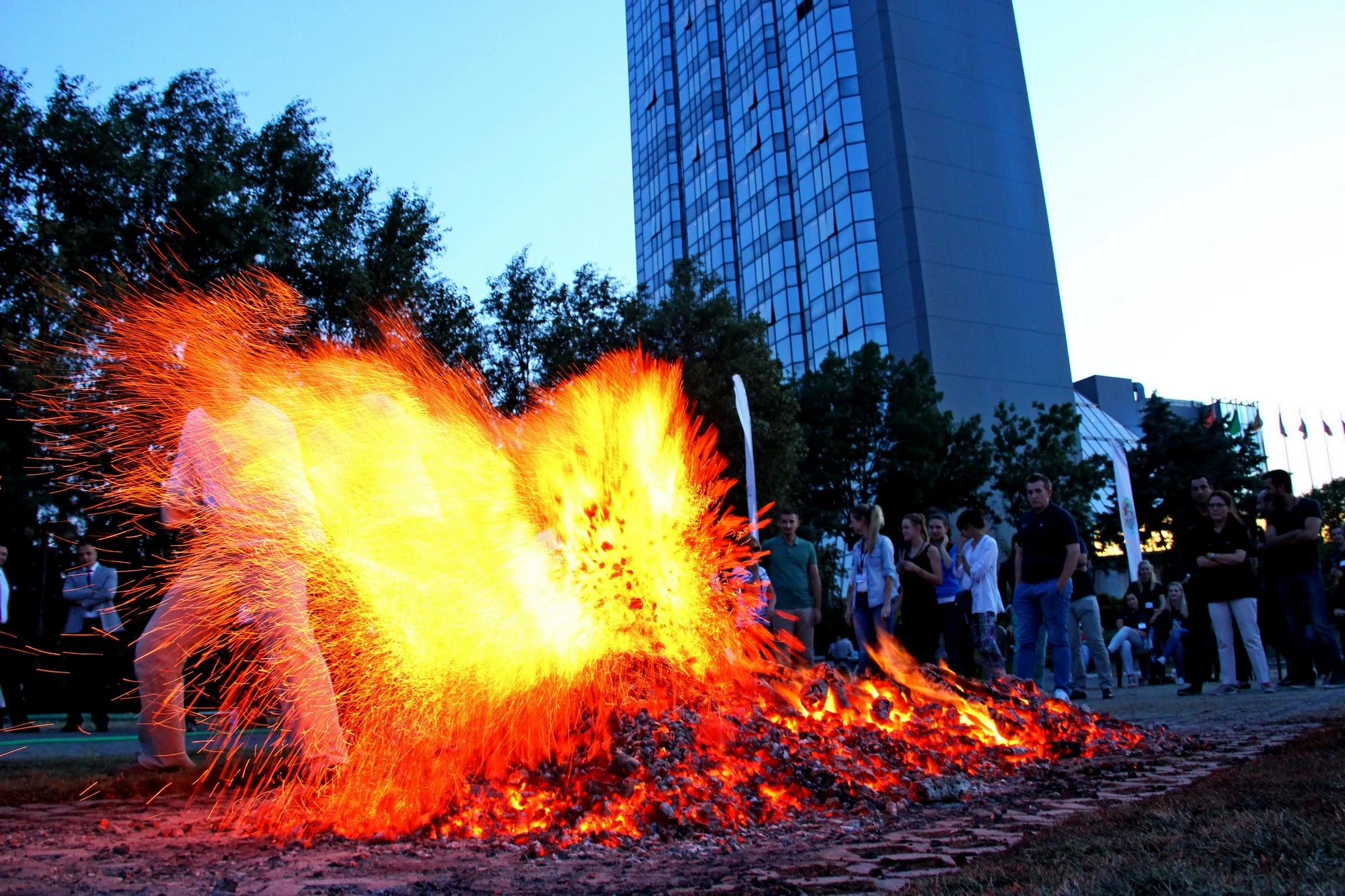 Sparks rising during the Bosch Worldwide Forum corporate firewalk in Istanbul