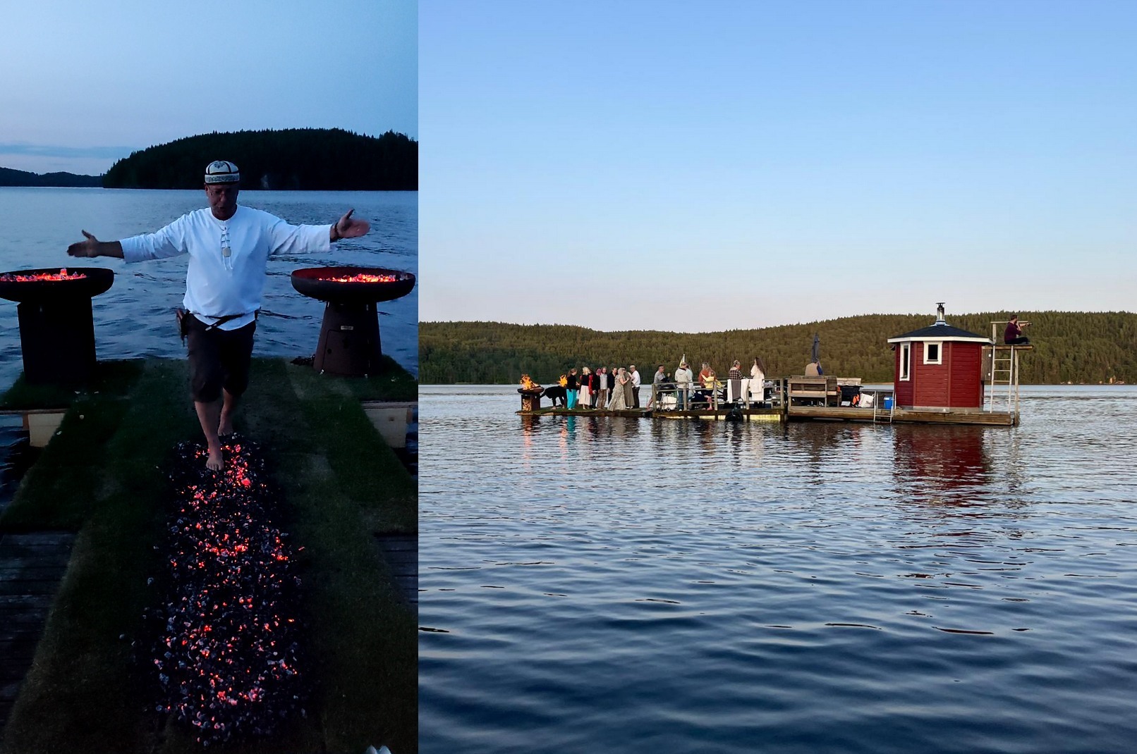 Bence Tarr firewalking beside the complete floating platform at Sju Sjöar